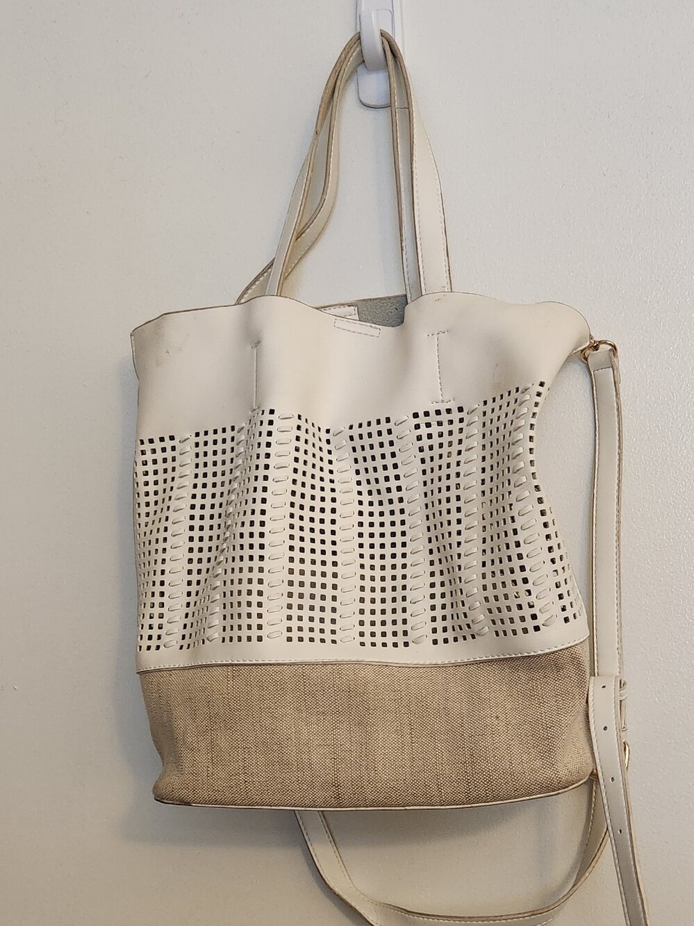 Neutral Perforated White and Beige Tote Bag with Adjustable Strap And Makeup Bag